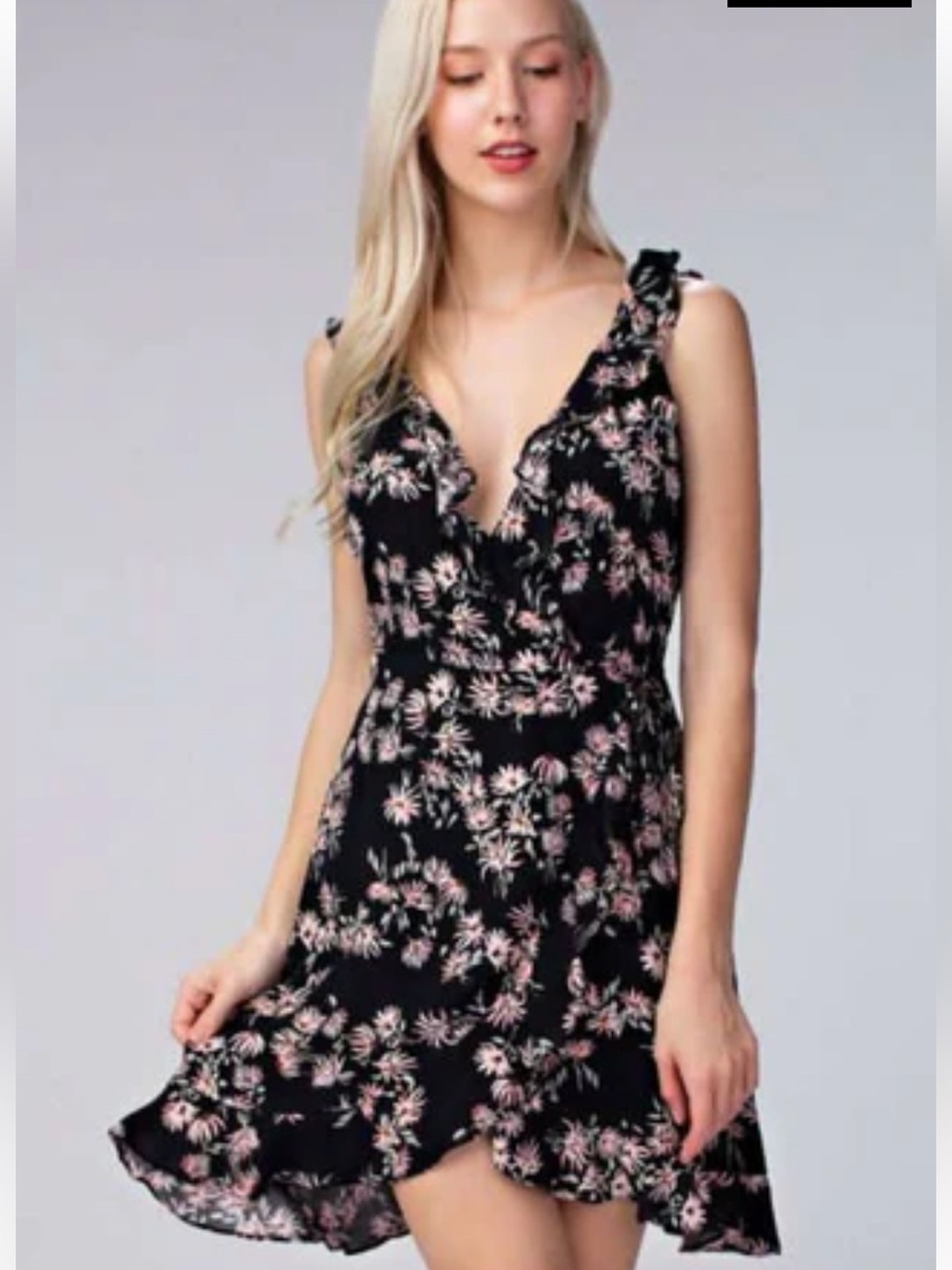 Honey Belle Black Mini Dress with Garden Party Pink Floral Print